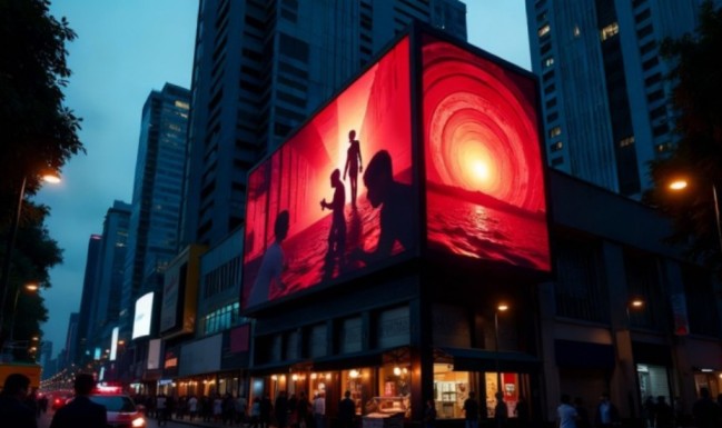 A large LED sign board displaying a colourful graphic advertisement