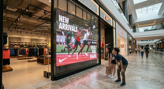 kids watch the transparent led screen after buying shoes at the store-clean