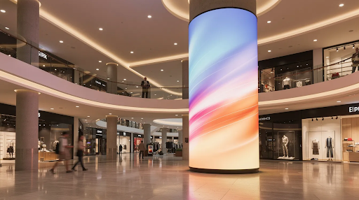 A curved LED display, featuring flexible LED screen technology, is elegantly wrapped around a cylindrical concrete column in a modern shopping mall atrium, illuminated by warm ambient lighting. This innovative installation enhances the visual communication within the space, showcasing high-quality visuals and dynamic content.