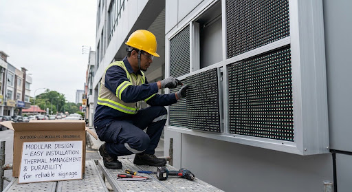 A technician in safety gear is installing an outdoor LED display module into an aluminum cabinet frame, showcasing the easy installation process of multiple modules equipped with light emitting diodes. The setup emphasizes crucial aspects like thermal management and durability, essential for reliable signage applications.