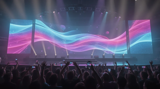 The image features a wave-shaped flexible LED screen backdrop illuminating a concert stage, surrounded by colorful lighting that enhances the vibrant atmosphere for a large audience. This innovative display technology showcases high-quality visuals, creating an immersive experience in a dynamic environment.