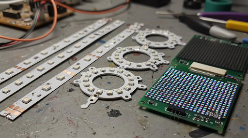 A close-up view of various LED module types on a workbench, featuring linear strips, ring modules, and small RGB display tiles, showcasing the diversity in sizes and designs for different applications. These multiple modules are essential for signage and display solutions, emphasizing their reliability, brightness, and easy installation.